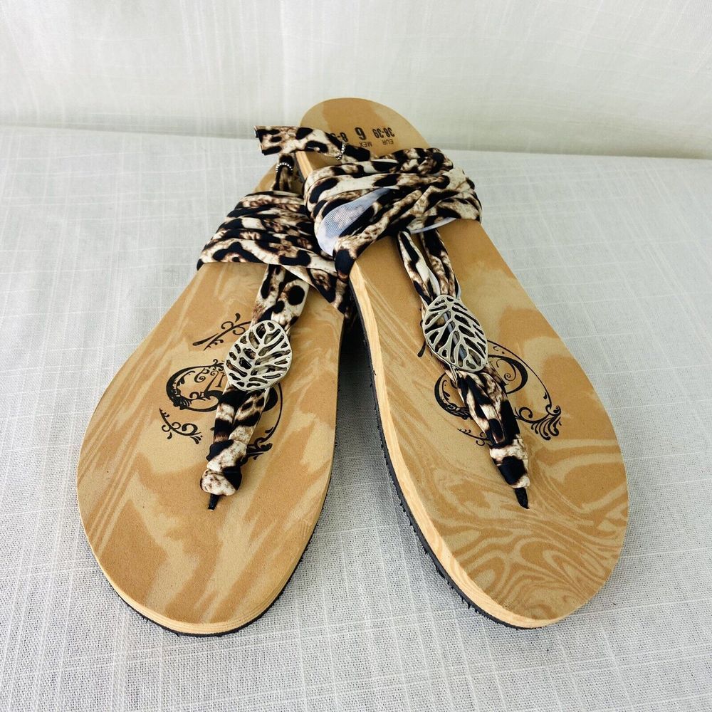 Chula 3 Loop Flat Lace Up Sandals Leopard Interchangeable Laces Womens 8-9‎ NEW